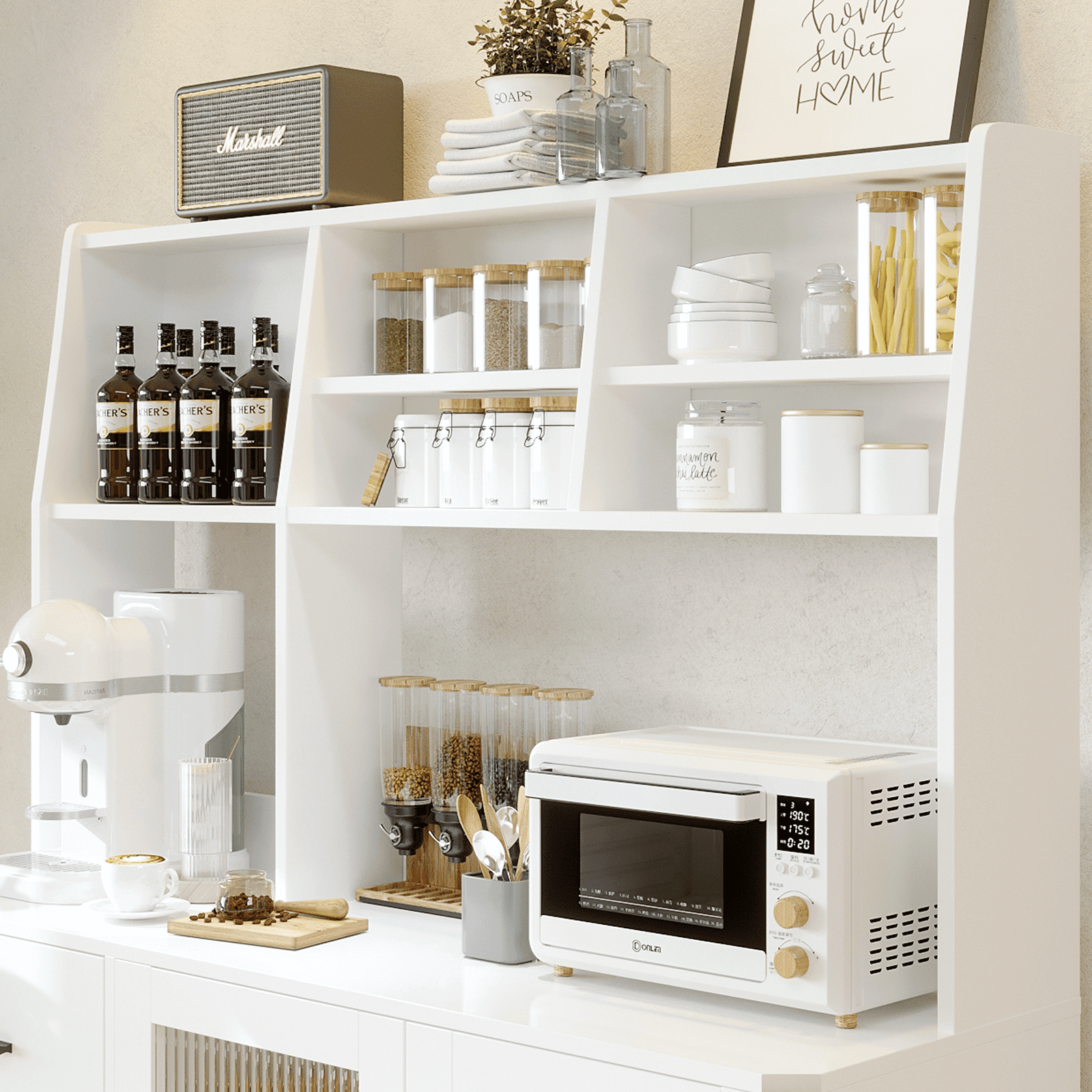 RichYa 59.6"H Kitchen Hutch Cabinet with Glass Door,Freestanding Pantry Storage Cabinets with Countertop & Adjustable Shelves for Dining Room,White