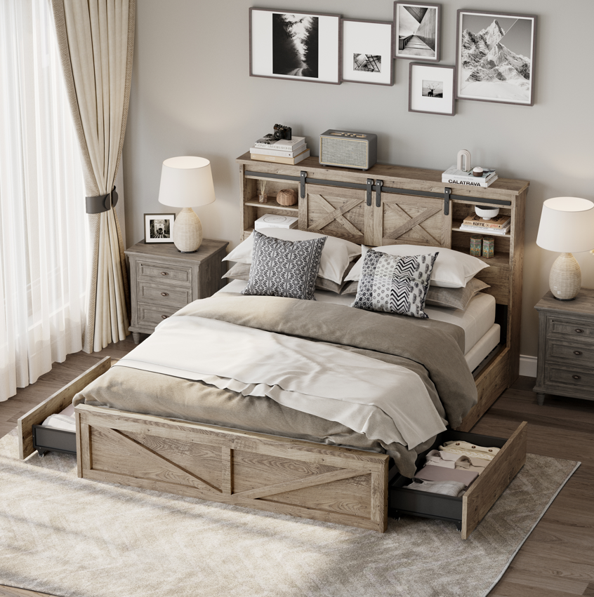 Farmhouse Bed Frame Queen Size with LED Lights and Charging Station, Wooden Queen Bed with 2 Storage Drawers, Rustic Headboard with Sliding Barn Door Storage Cabinets