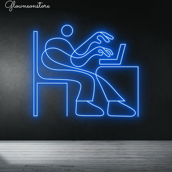 Glowneon Sit At Computer Neon Sign, Sit At Computer Line Art Led Light, Typing Computer Neon Sign
