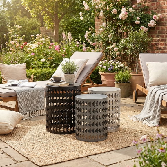 Set of 3 Stacking Coffee Tables for Living Room End Tables, Nesting Side Table, Outdoor Decorative Garden Stool with Heavy Duty Modern Industrial Decor - Black
