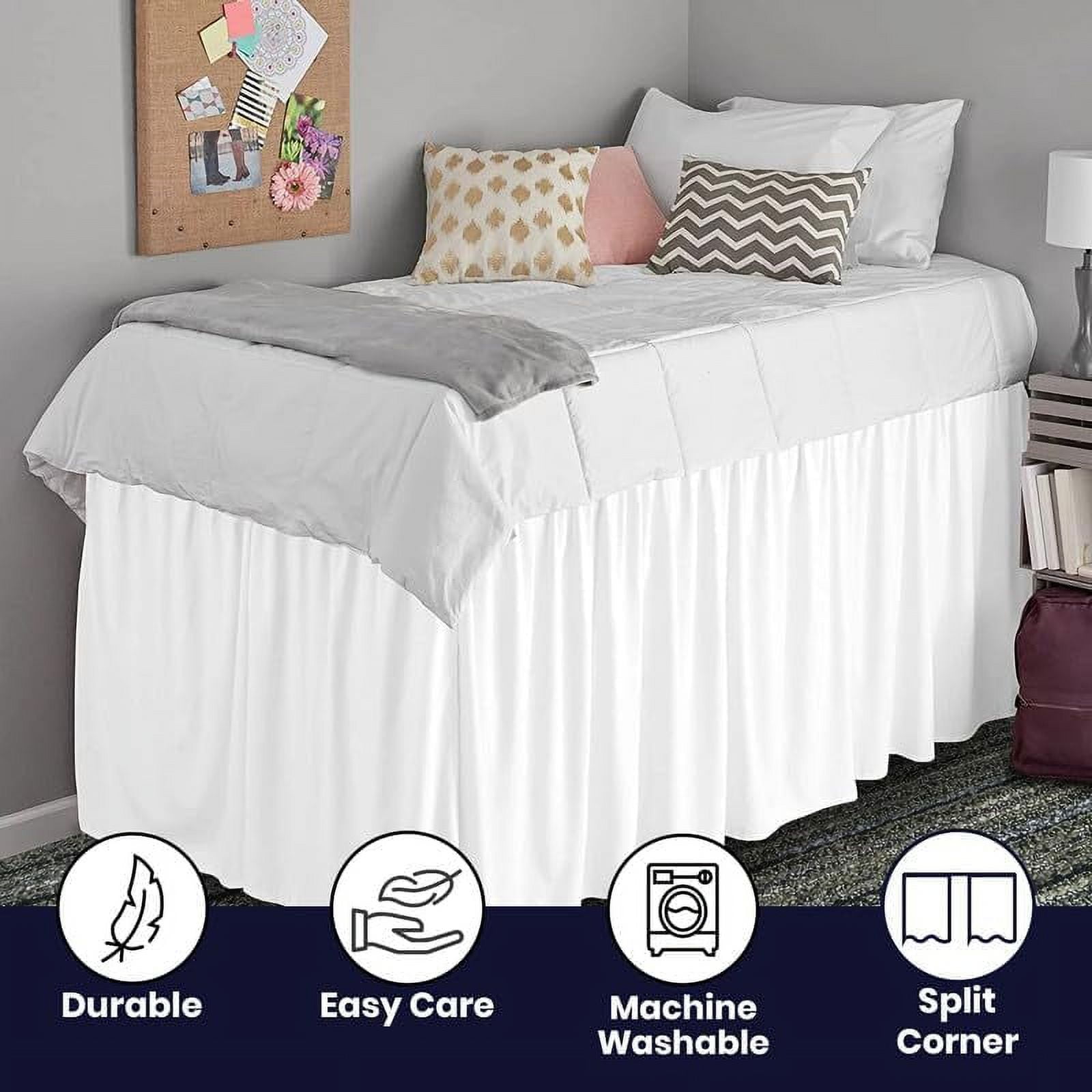 Dorm Bed Skirt Twin XL 44" Drop, College Dorm Room Bed Skirts Easy to Put On Twin XL Size Dust Ruffle Dorm Sized Bed Skirts, 600TC Egyptian Cotton Bed Skirt, (White, Twin-XL - 44" Drop)