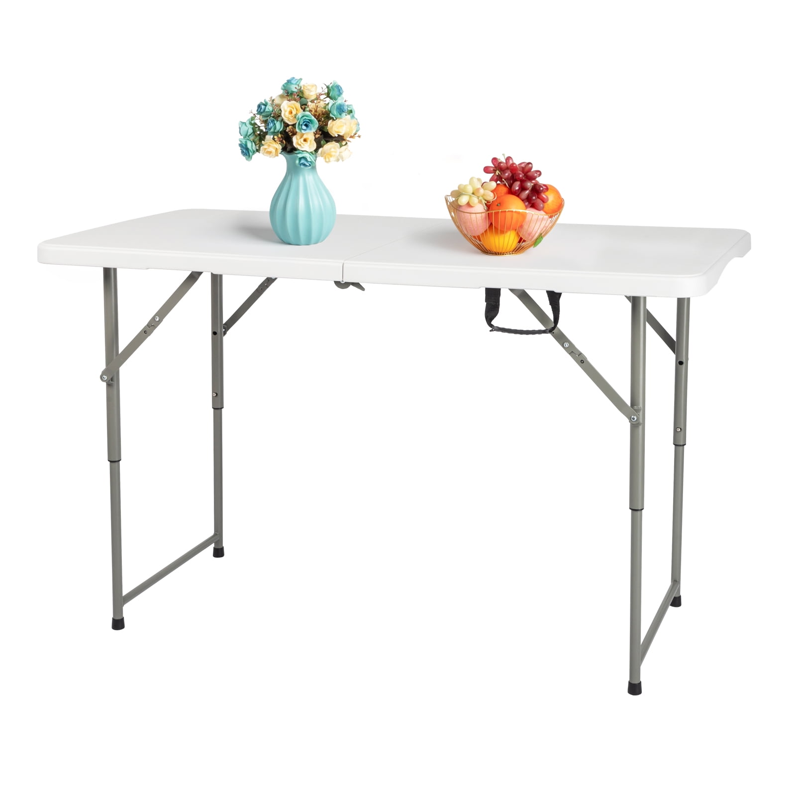 4FT Foldable Liftable HDPE Patio Table Sturdy Steel Legs Adjustable Height Outdoor Garden Space Saving Portable Dining Side Table