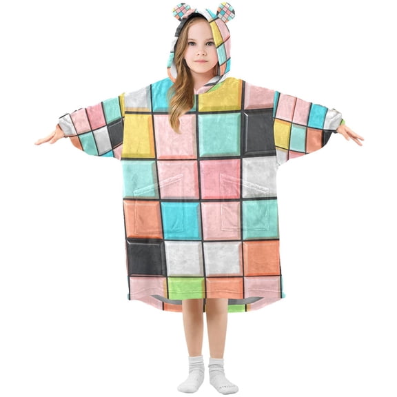 FORMRS Wearable Blanket Hoodie with Sleeves for Kids Cozy Flannel Sweatshirt, Colorful Checkered Pattern
