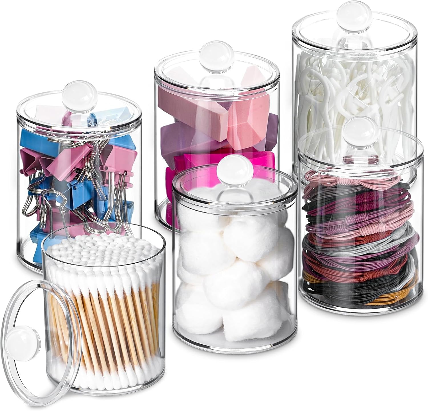 RGHJAR-6 Pack Qtip Holder,Canister Apothecary Jar Set, Bathroom Jars with Lids Set for Cotton Swabs, Balls, Pads, Floss Picks,10oz-12oz Plastic Canisters Restroom Bedroom Vanity Organizer(Clear)