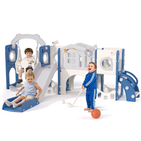 XJD 12 in 1 Toddler Slide and Swing Set - Baby Slide for Toddlers 1-3, Indoor Outdoor Toddler Playset Playground, Blue & Gray