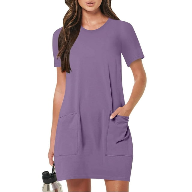 Robes Femmes DYTTDG Robe pour Femme Col Rond Manches Courtes Ample Décontractée Mini-Robe avec Poches Économies jusqu'à 30 % de Rabais Violet,TG