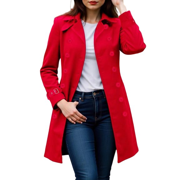 Women's Coat Double-Breasted Long Dressy Windbreaker Overcoat, Fall Winter Outerwear for Formal and Casual Occasions,Red,L