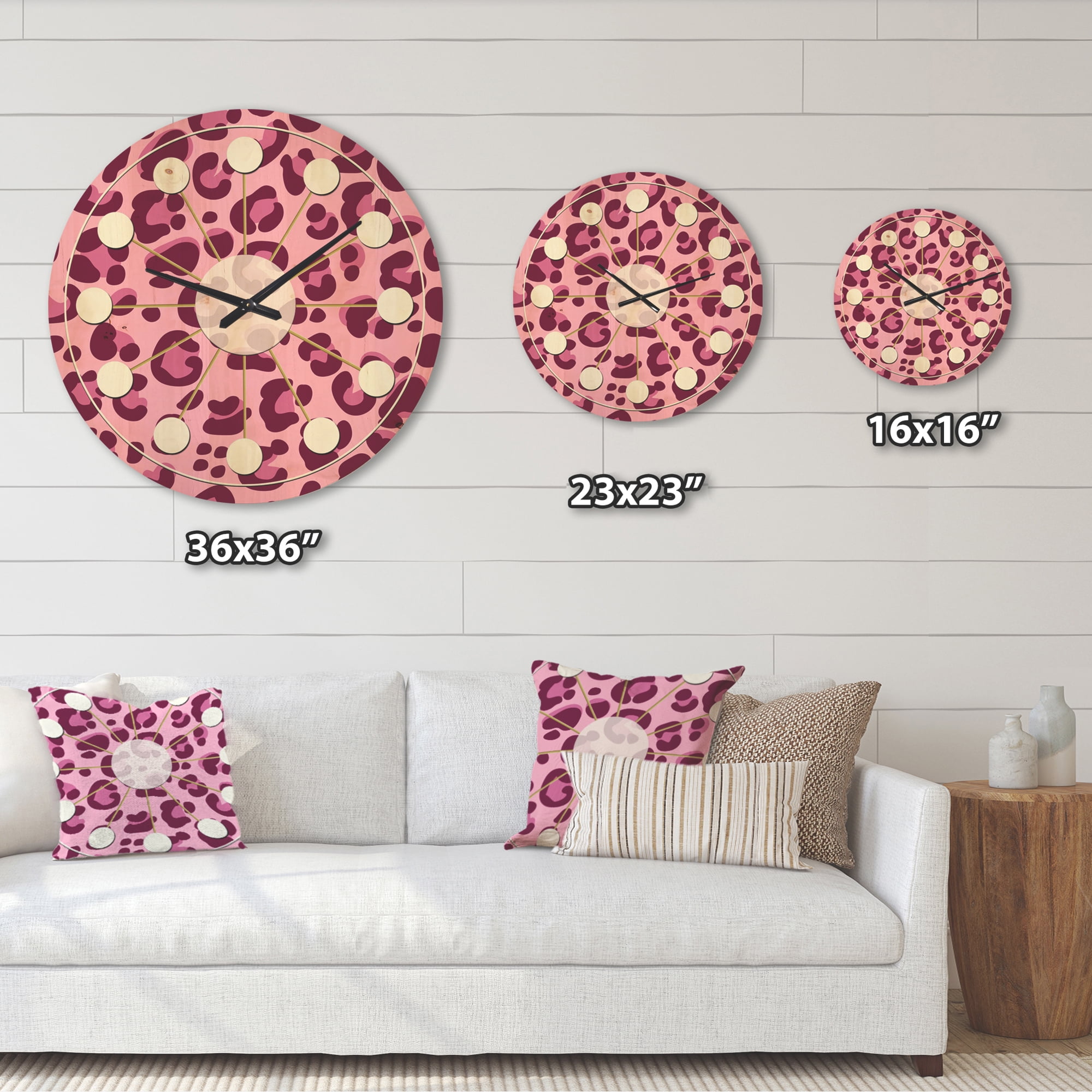 Designart 'Pink Leopard Pattern Retro' Mid-Century Modern Wood Wall Clock
