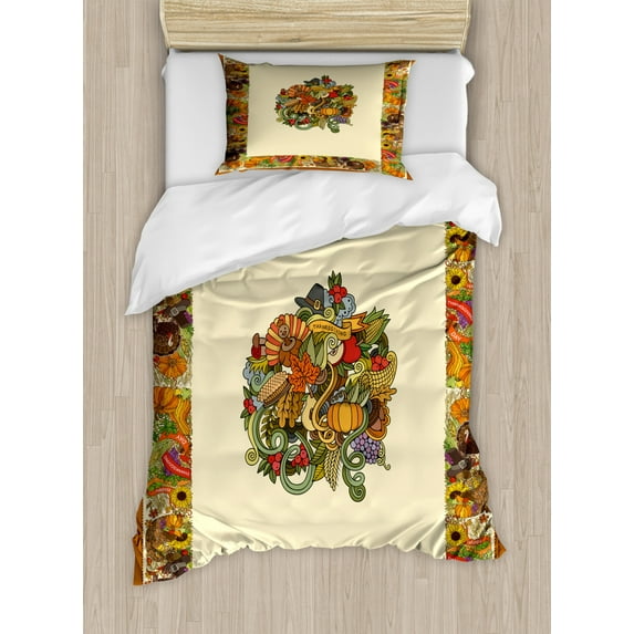 Thanksgiving Duvet Cover Set Twin Size, Pumpkin Wreath Bow Cranberry Leaves Ivy Corn Basket Traditional Pattern Fall, Decorative 2 Piece Bedding Set with 1 Pillow Sham, Multicolor, by Ambesonne