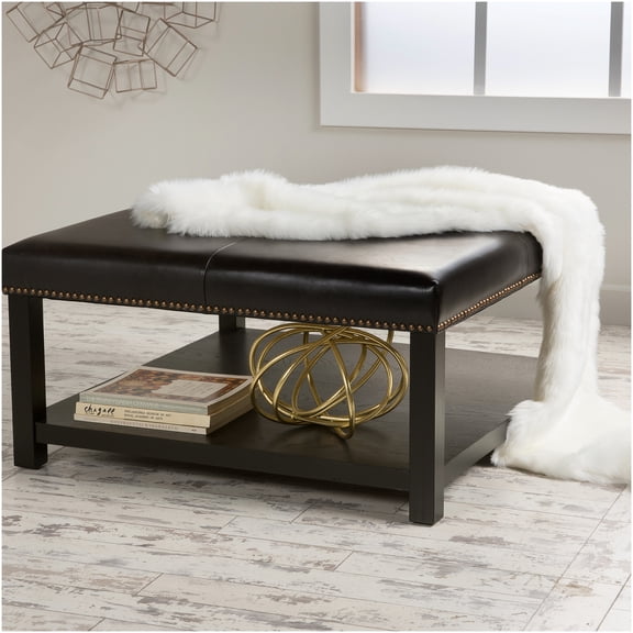 Large Square Ottoman with Storage, Brown Faux Leather Ottoman Bench for Living Room, Coffee Table Ottoman with Wood Legs