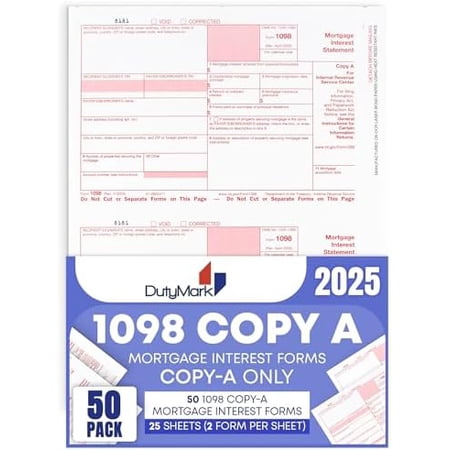1098 Copy A Mortgage Interest Form 2025, Laser Federal Tax Form, 25 Sheets$$Office