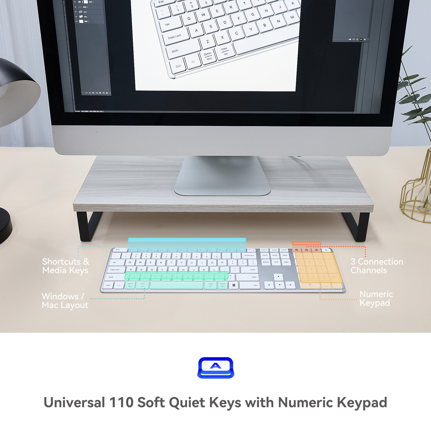 AUSDOM Full Size Keyboard with Number Pad - 2.4G Wireless Bluetooth, Quiet Slim Multi-Device Rechargeable | Compatible with PC/Mac/Windows - White