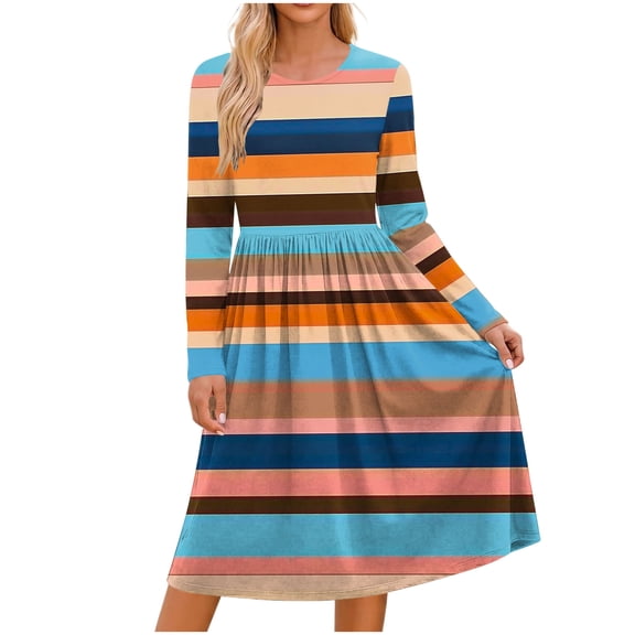 CHGBMOK Women's Midi Dress Long Sleeve Loose Fit Dresses Casual Crew Neck Print Dresses