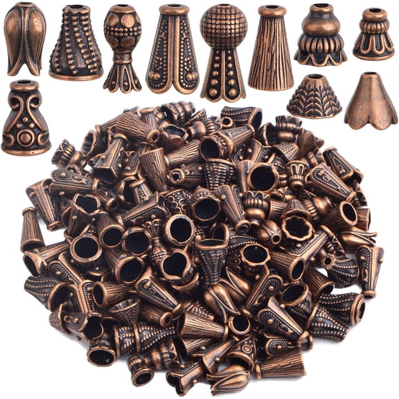 100 Gram (About 110-150pcs) Mixed Styles Bead Caps Vintage Alloy Flower Spacer Beads Tassel Cone Bead Caps Accessories for DIY Bracelet Necklace Jewelry Making, Antique Copper