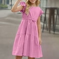 thumbnail image 6 of Luxalzxs Toddler Girl Cotton Linen Dress Summer Casual Party Flutter Short Sleeve Flowy Midi Dresses Trendy Ruffle Trim Belted Boho Swing Beach Sundress 4-14 Years, 6 of 9