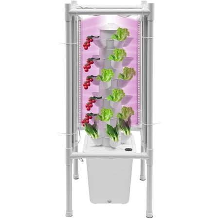 30-Plant Hydroponics Tower Vertical Growing System Kit Indoor Garden Planter Herb Garden with LED Grow Light Hose and Water Pump Vertical Planter Germination Kit for Fruits Vegetables (White)