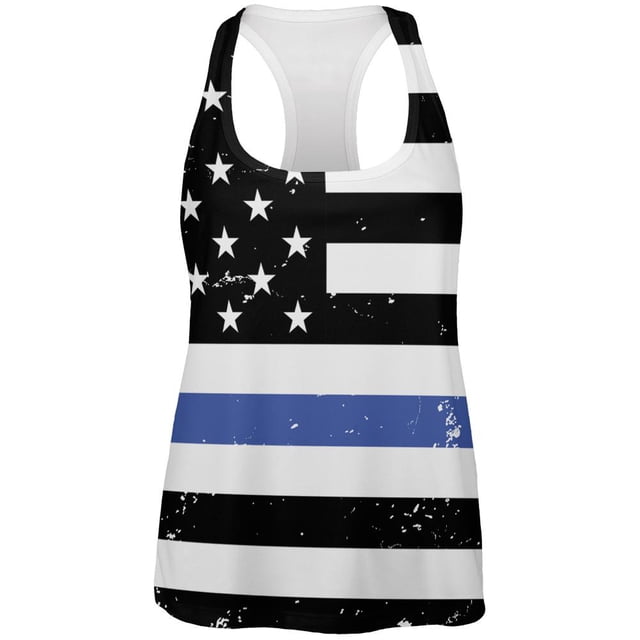 Distressed Thin Blue Line American Flag All Over Womens Work Out Tank Top
