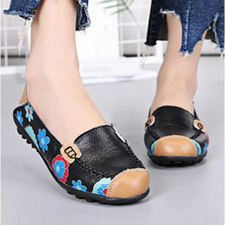 

Women s comfortable leather printed flat casual peas shoes loafers walking shoes
