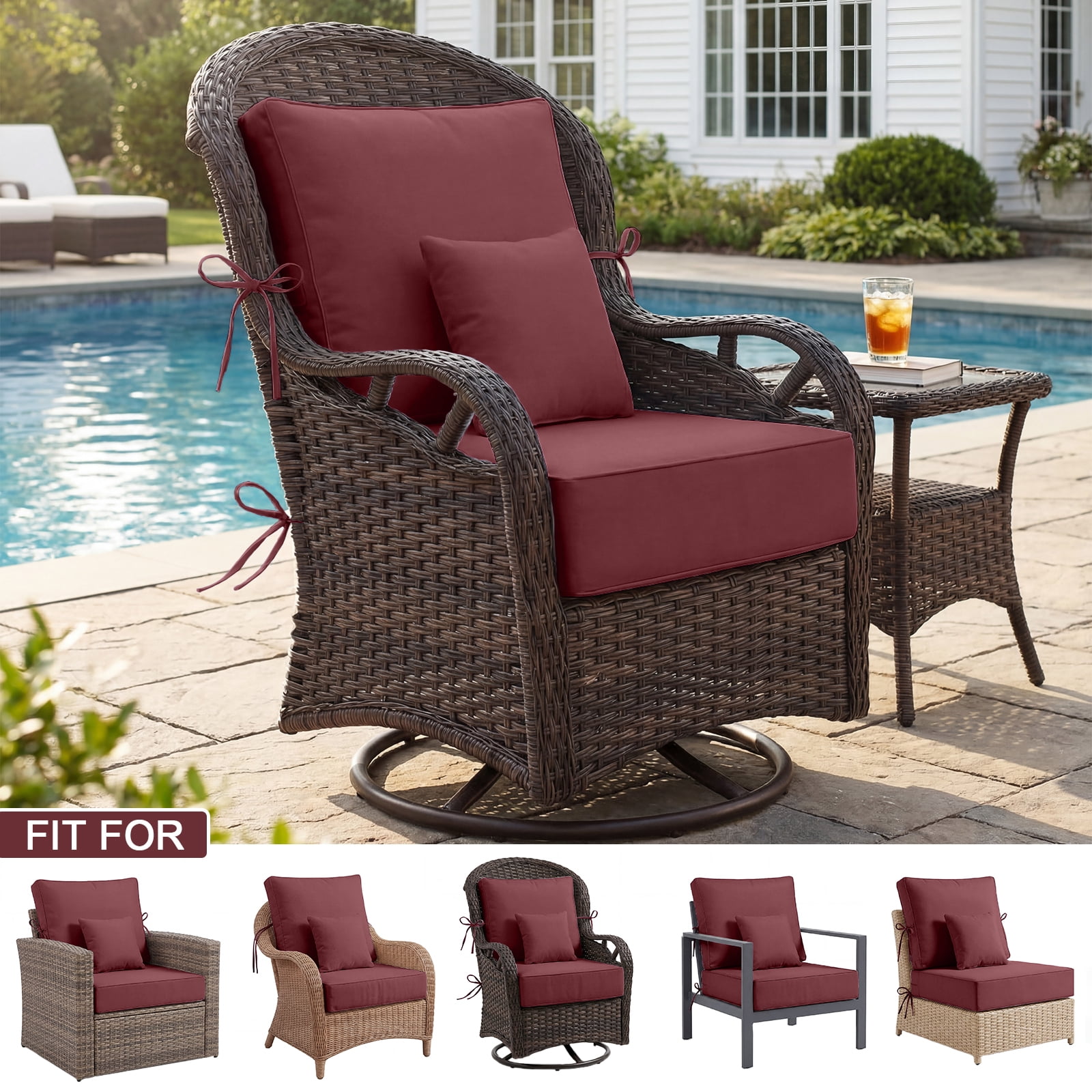 4 Set Outdoor Chair Cushions 24 x 24 x 6 inch for Patio Furniture, Fade & Water Resistant Patio Cushions with Removable Cover and Straps,Red