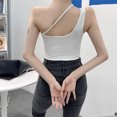 thumbnail image 4 of Fortune Women Navel Tops Plain Ribbed One Shoulder Crop Top, 4 of 7