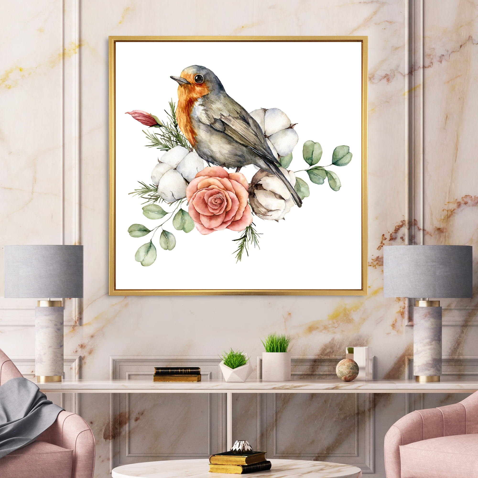 Cotton Rose and Leaves With Robin Redbreast 36 in x 36 in Framed Painting Canvas Art Print, by Designart