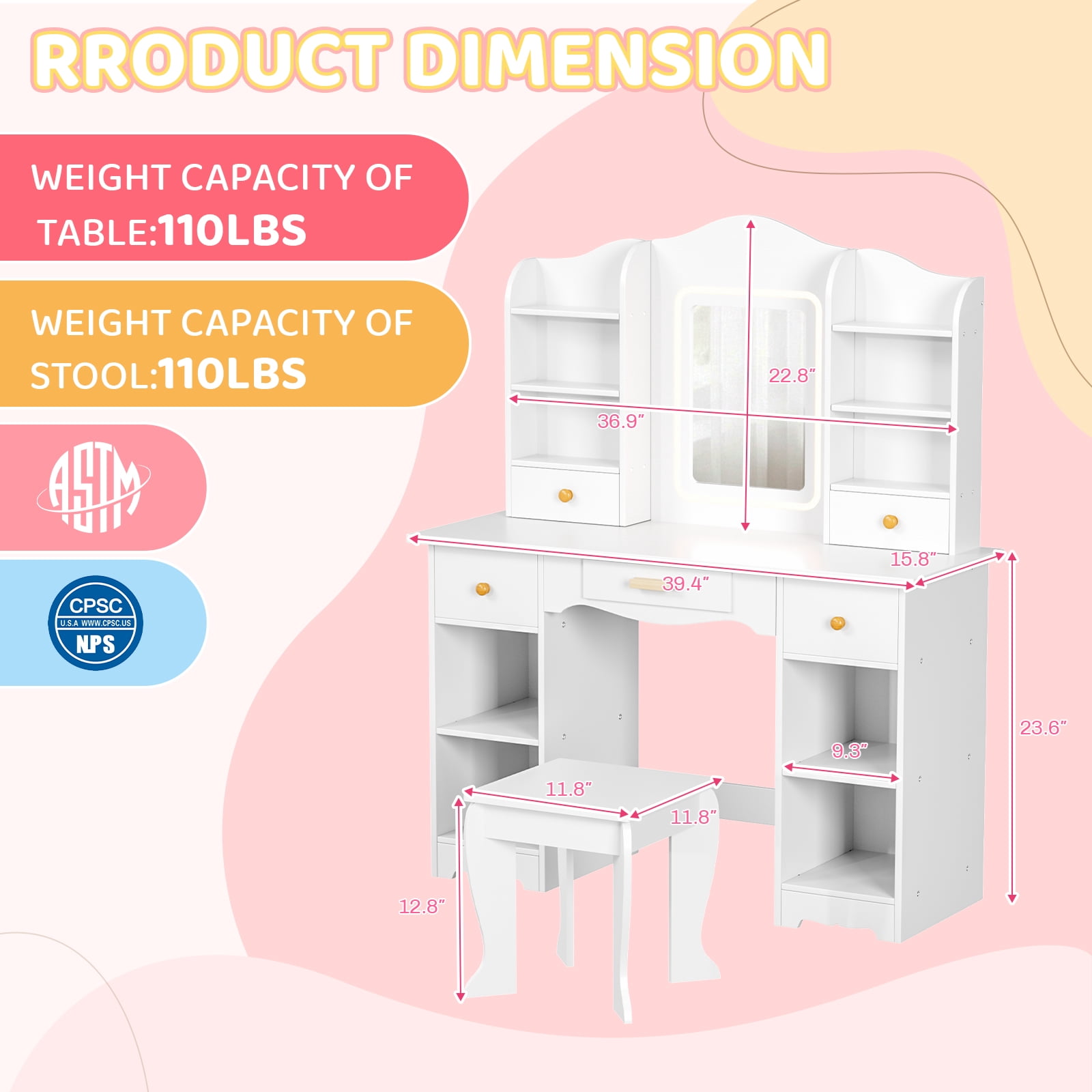 Pirecart 2 in 1 Kids Vanity Set, Pretend Play Makeup Desk with Mirror＆ Drawer, 3 Color Lights, Large Storage, Detachable shelf, White