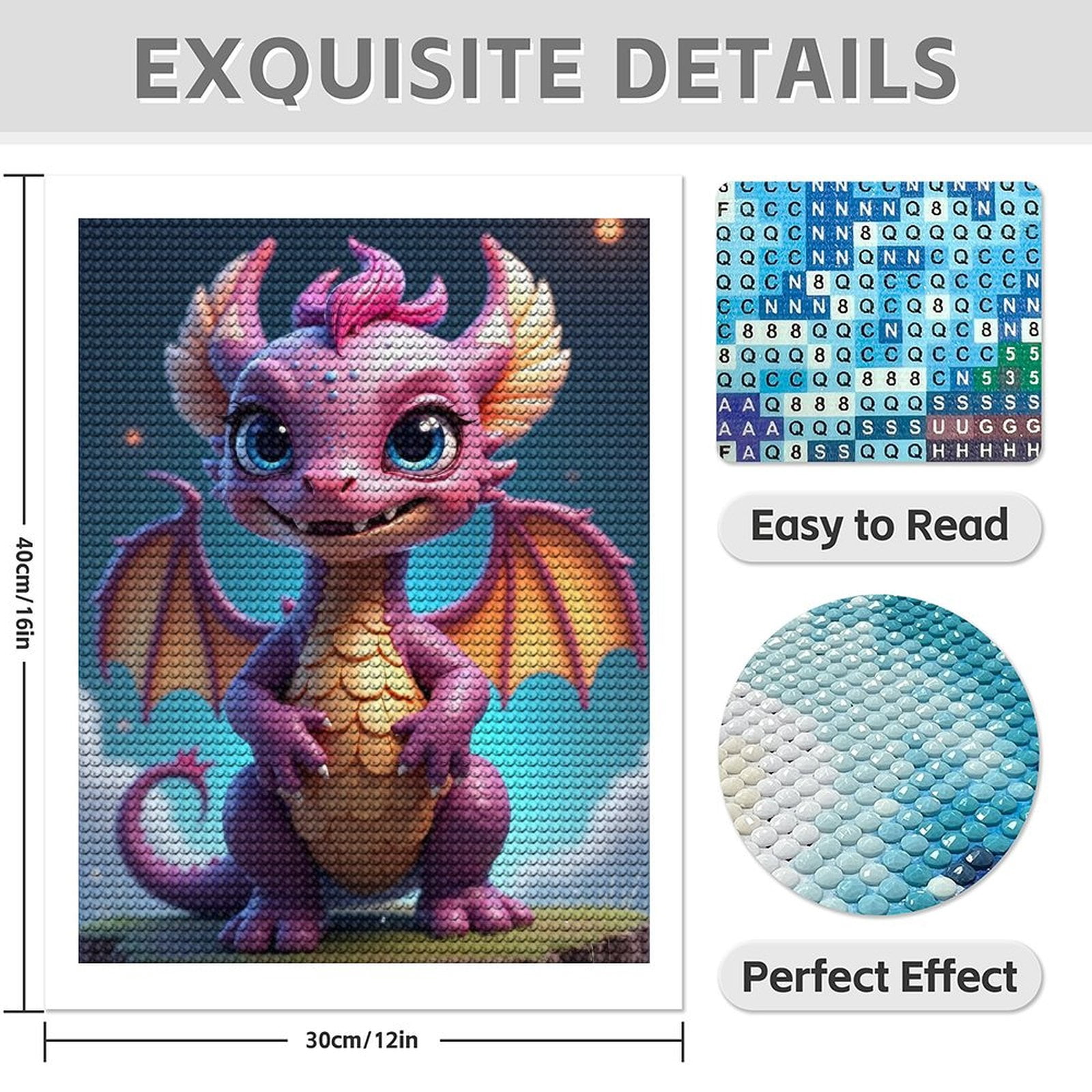 Diamond Art Kits for Adults - Cute Dragon Purple Print No.68 5D Frameless Dimond Painting Kit for Adults Beginner, Round Diamond Kits for Home Wall Decor, Gift for Women