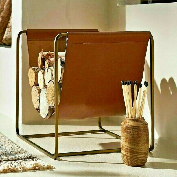 Threshold designed 16" x 14" Metal Log Holder with Leather Sling, New