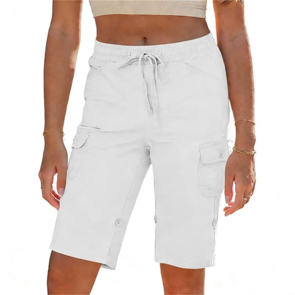 GigrtiJin Cargo Shorts for Womens Elastic High Waisted Drawstring Shorts Solid Color Hiking Outdoor Shorts with Pockets