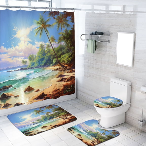 Beach 4 Pieces Shower Curtain Set with Non-Slip Rug Ocean Sunset Scenic Blue Sky Seaside Landscape with Non-Slip Rugs Toilet Lid Cover and Bath Mat Bathroom Decor Set, 72x72 Inch