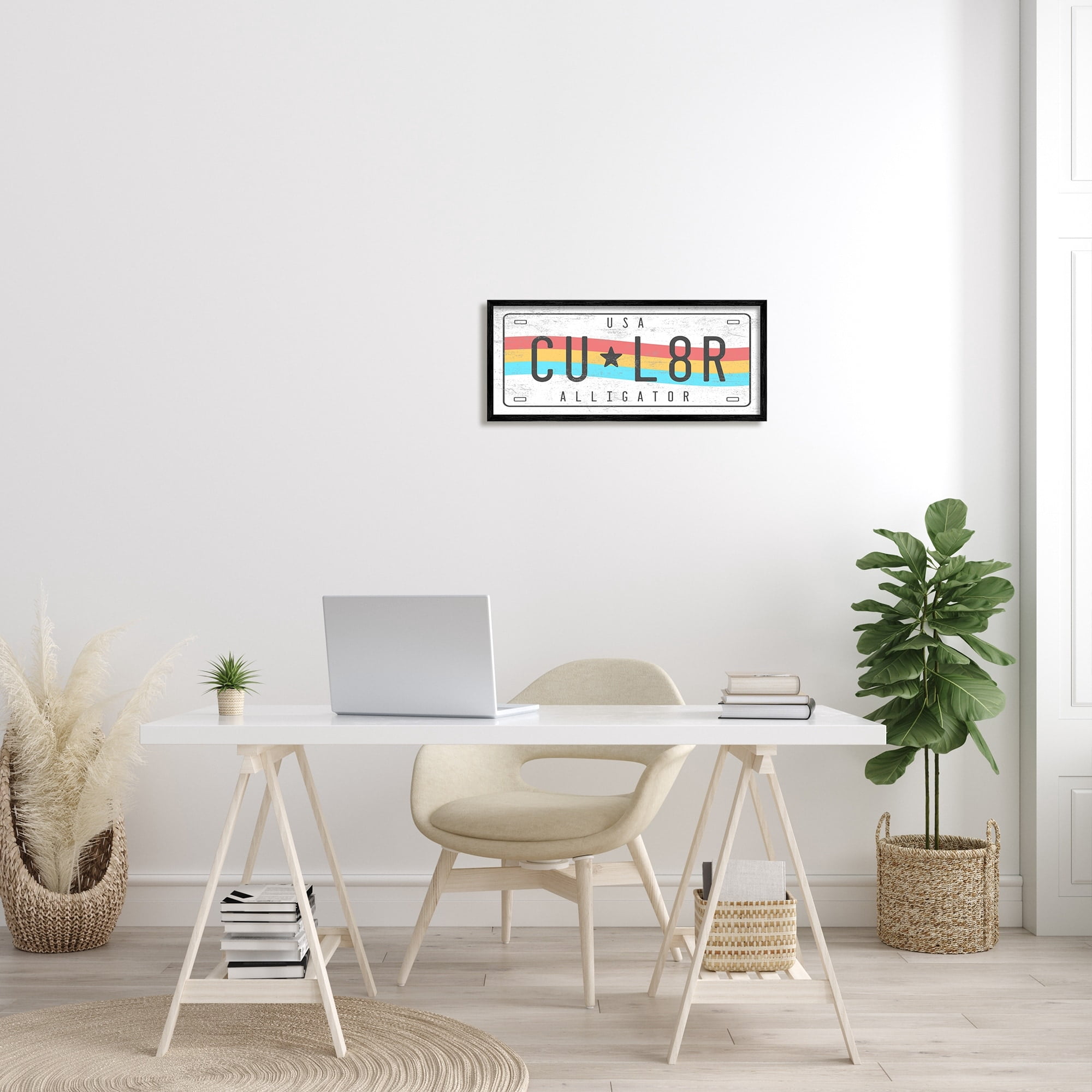 Stupell Industries CU L8R Alligator Rainbow License Plate Humor Transportation Painting White Framed Art Print Wall Art, 13 x 30