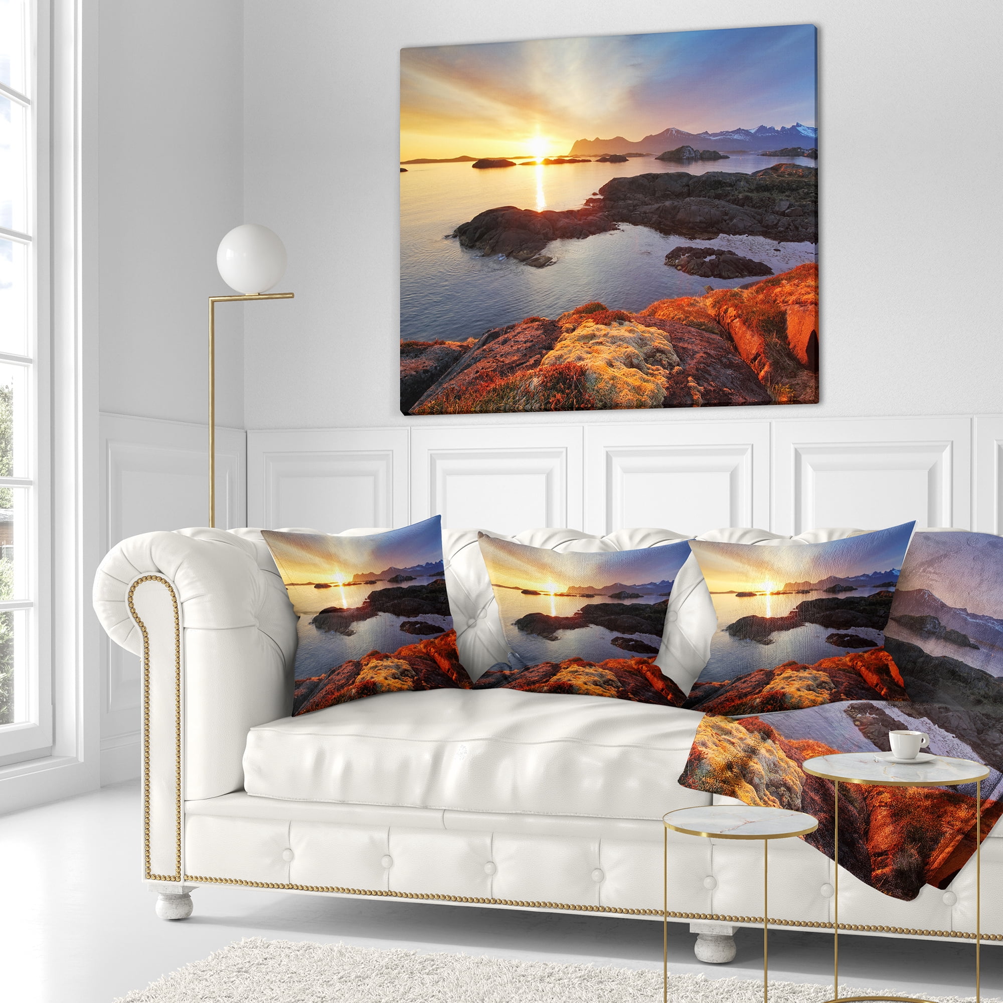 Designart Ocean Coast Nice Sunset in Norway - Seashore Throw Pillow - 18x18