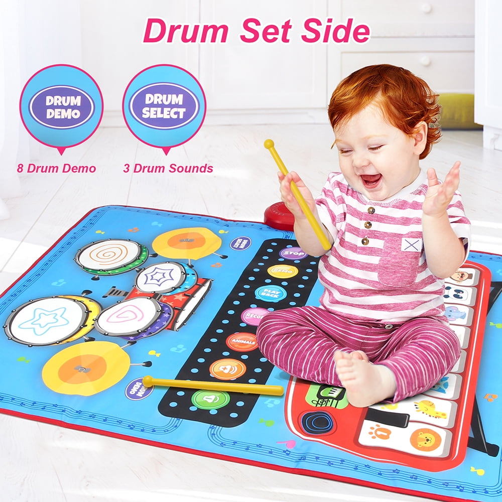 TIANLAIMEI Baby Musical Playmat, 36"x28" Drum Mat, Piano Mat with Animal Sounds, Floor Keyboard Music Dance Touch Playmat, Adjustable Volume & Record for 1-5 Years Old Toddlers
