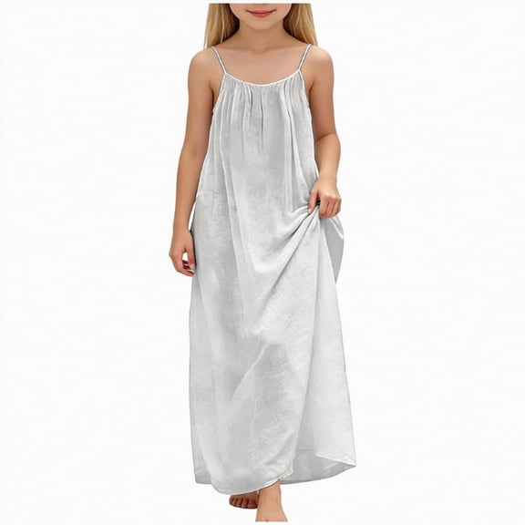 mgoYE Girl Summer Casual Maxi Dresses 2026 Solid Backless Sleeveless Spaghetti Strap Loose Travel Beach Vacation Sundress(White,7-8 Years)