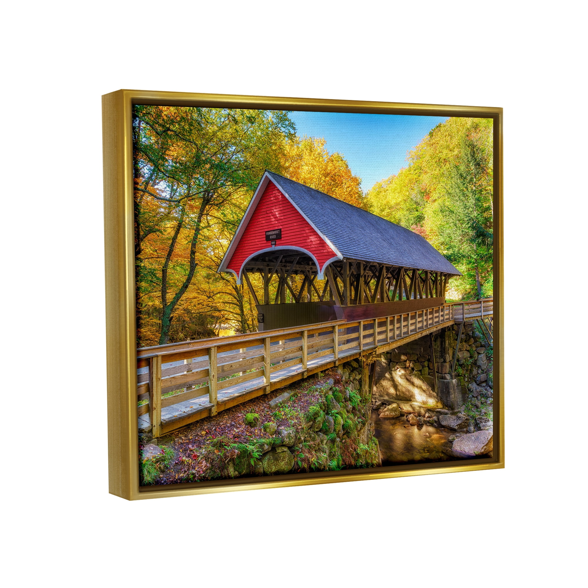 Stupell Red Covered Bridge Woodland Creek Landscape Photography Gold Floater Framed Art Print Wall Art