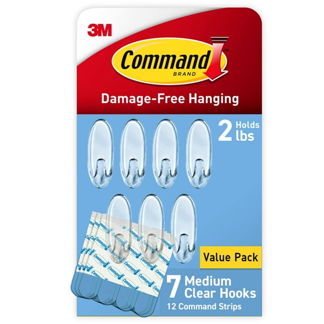 Wall Hooks Command, tamaño mediano, transparente, 7 ganchos con 12 tiras, 1 kg