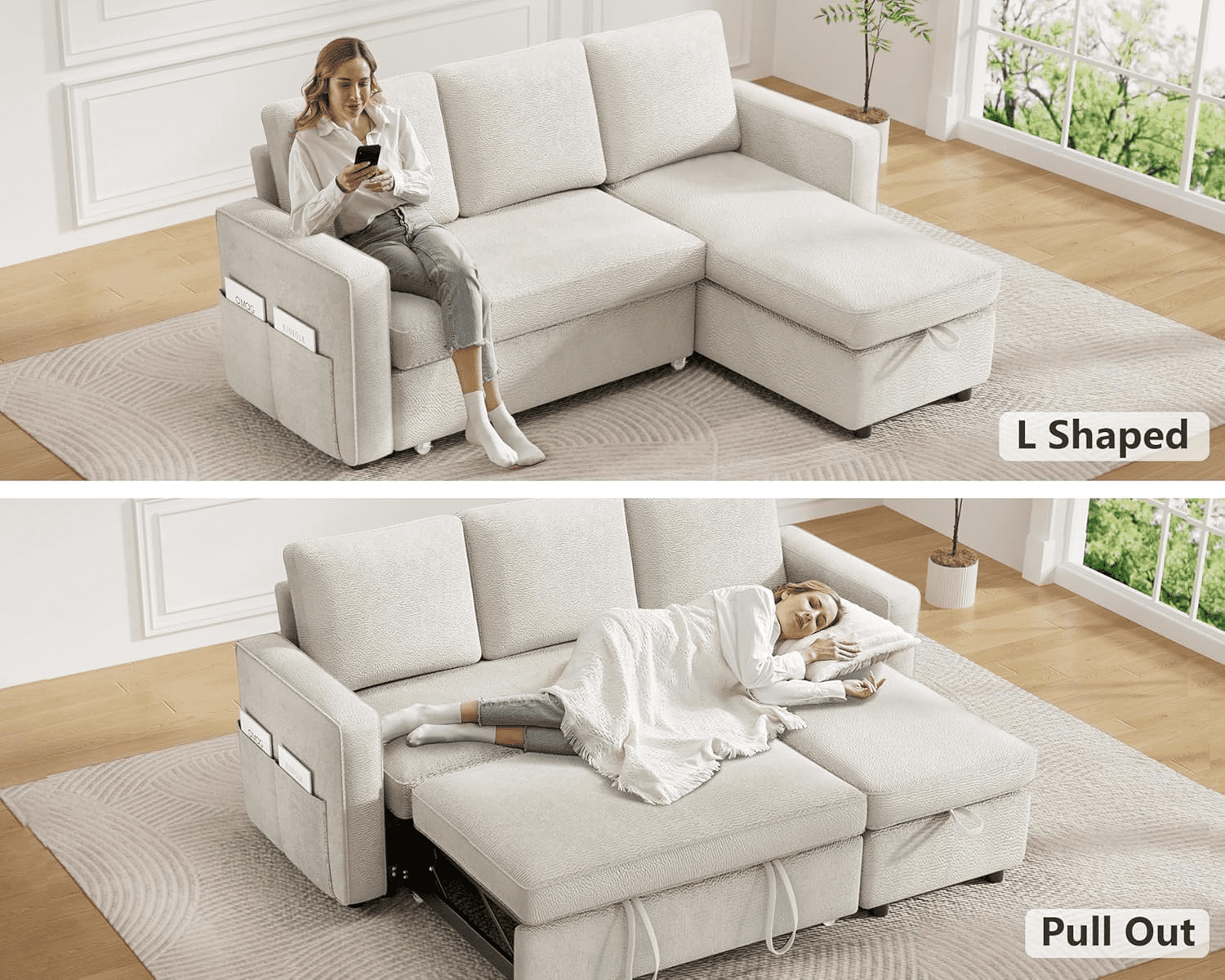 Vipbear 81" Sleeper Sofa Bed with Pull Out Bed, L Shaped Couch Sectional Sleeper Sofa, Pull Out Couch with Reversible Storage Chaise, Side Pockets, Chenille Beige