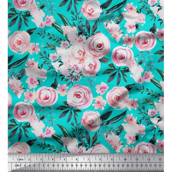 Soimoi Green Cotton Duck Fabric Leaves & Ranunculus Floral Print Fabric by Yard 42 Inch Wide