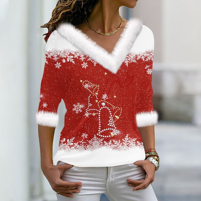 Aujourd'hui Réduction! Aqestyerly Hauts de Noël pour Femmes Liquidation Pull Imprimé Col en V Manches Longues