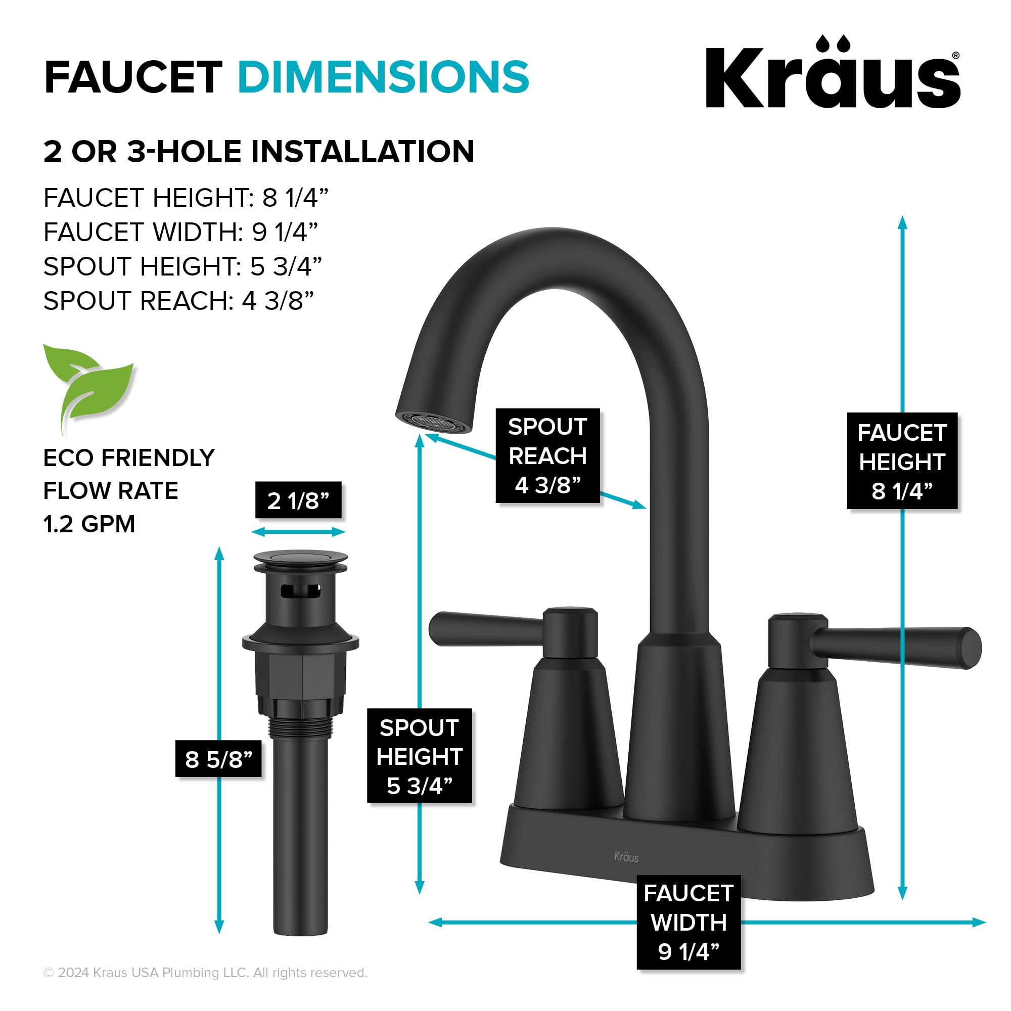 KRAUS Ramus 2-Handle 4-inch Centerset Bathroom Faucet in Matte Black with Pop Up Drain and Supply Lines