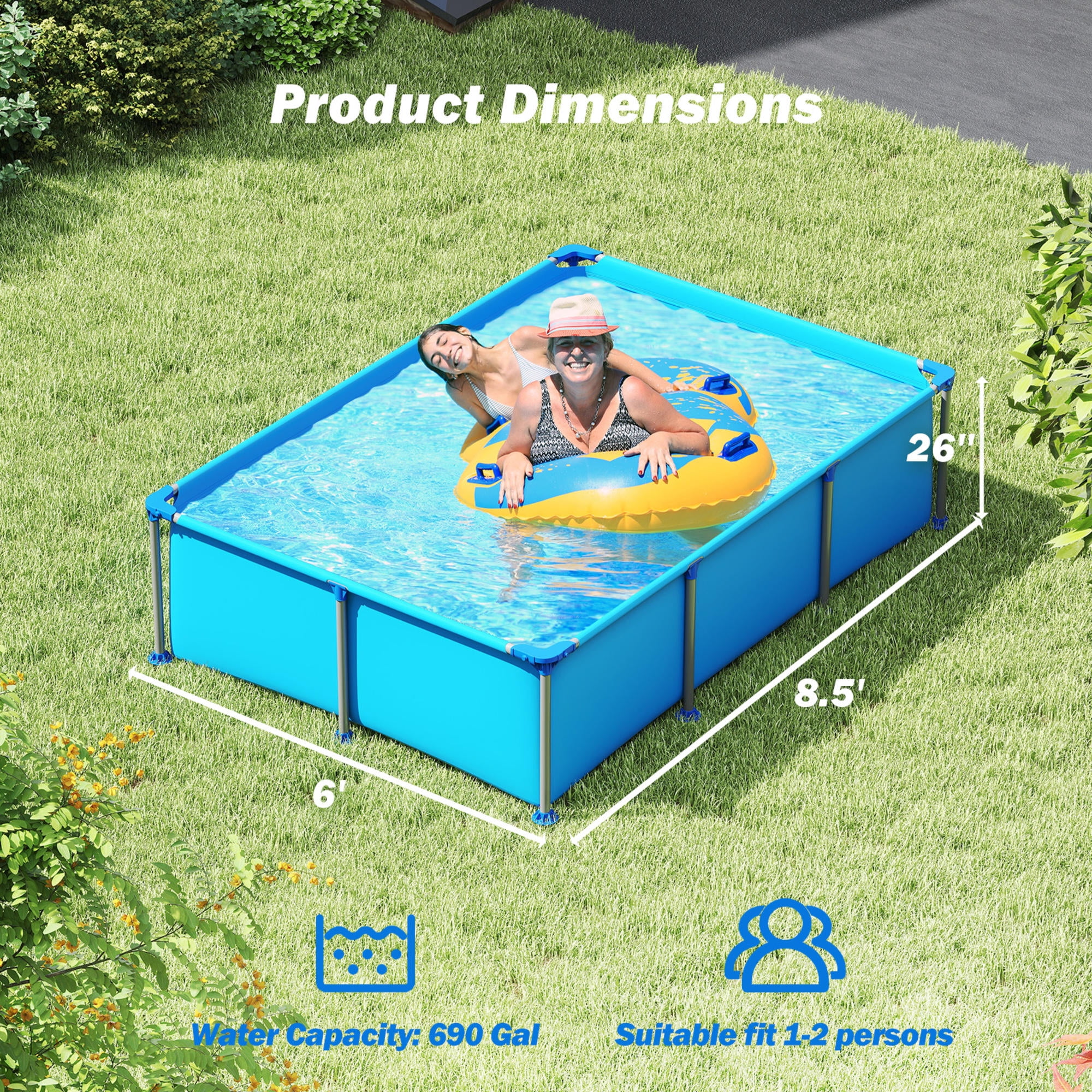 6ft Rectangular Metal Frame Above Ground Pool, 690 Gallon Family Swimming Pool with Triple-Layer PVC, for Backyard, Patio