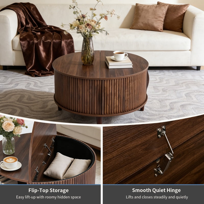 Gianna Coffee Table, Round Coffee Tables with Storage, Fluted Center Table for Living Room, 31.69" Mid Century Modern Table with Sliding Cabinet Door, 2-Tier Rustic Wood Desktop, Brown