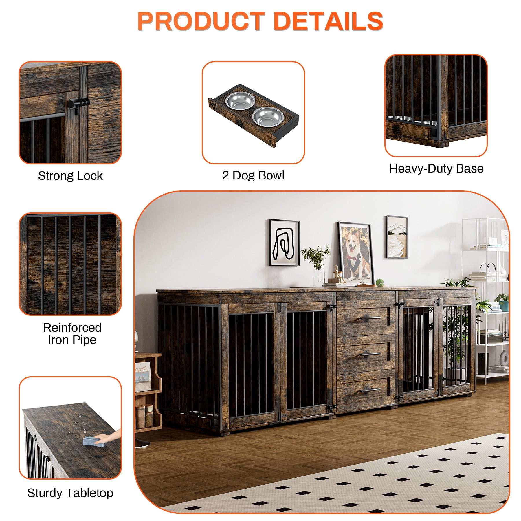 Rophefx 95.4" Dog Crate Furniture for 2 Dogs,Large Kennel with 3 Drawers and 4 Bowls,Wooden Heavy Duty Indoor Dog House,Brown
