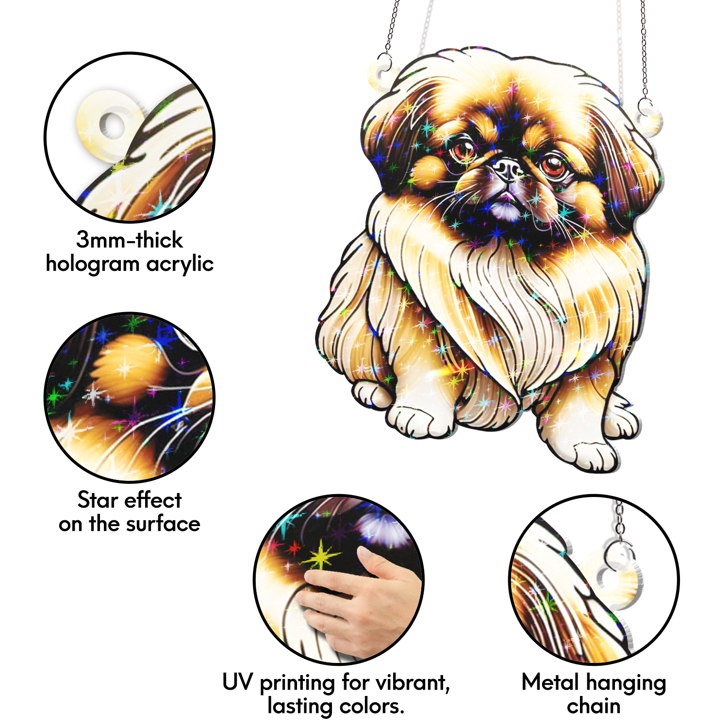 89Bloom Pekingese Stained Glass Hologram Ornament, Dog Stained Glass Suncatcher Ornaments Home Decor, Dog Holographic Ornaments