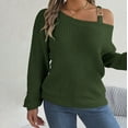 thumbnail image 3 of Duoif Sweaters for Women Trendy Women's Fall/Winter Casual Metal Buckle Spliced Off The Shoulder Sleeve Pullover Sweater Women's Sweaters Womens Tops Green L, 3 of 8