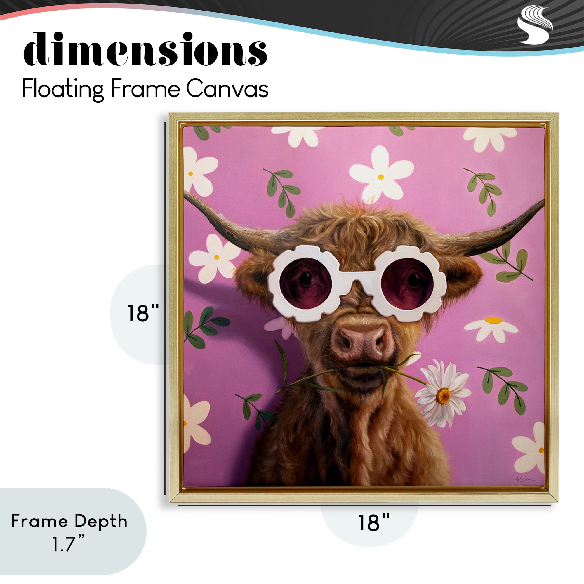 Stupell Industries Fresh As A Daisy Cattle Gold Framed Floater Canvas Wall Art, design by Lucia Heffernan