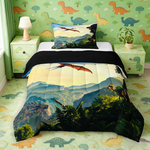 Manfei Wild T-Rex Dino Twin Comforter Sets,Retro Jungle Pterosaur Bedding Set,Yellow Blue,Black Reversible,2pcs,1 Comforter and 1 Pillowcase