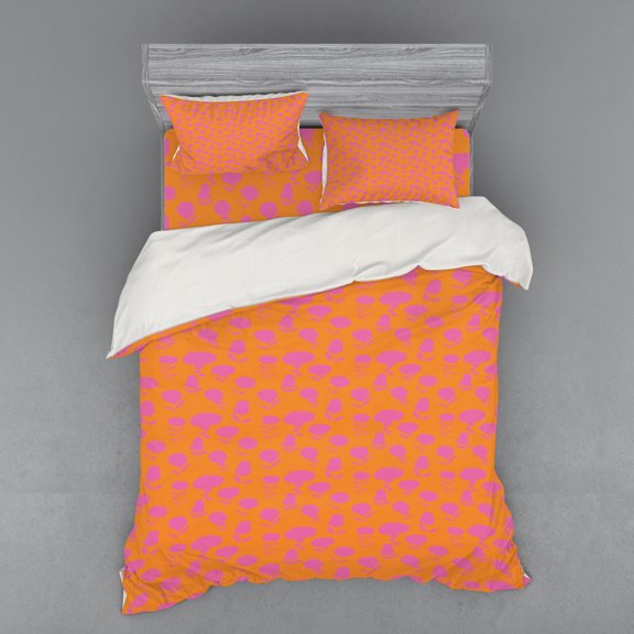 Floral Duvet Cover Set, Silhouette of Blooming Flower Shapes on a Tangerine Tone Background, Bedding Set with Shams and Fitted Sheet, 3 Sizes, by Ambesonne