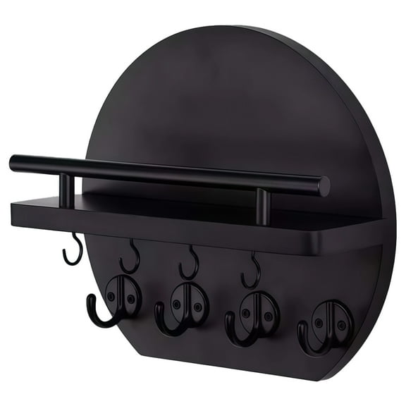 Wall-Mounted Storage Rack for Key Hanging, Black Circular Design, Key Holder with Six Hooks, Small Shelf for Organizing Keys, Mail, and Small Items, Ideal for Entryway and Home Decor