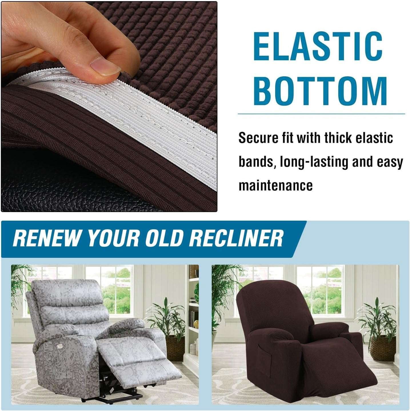 H.VERSAILTEX Stretch Electric Power Lift Recliner Chair Cover with Side Pocket, Soft Thick Jacquard(Single Seat, Grey)